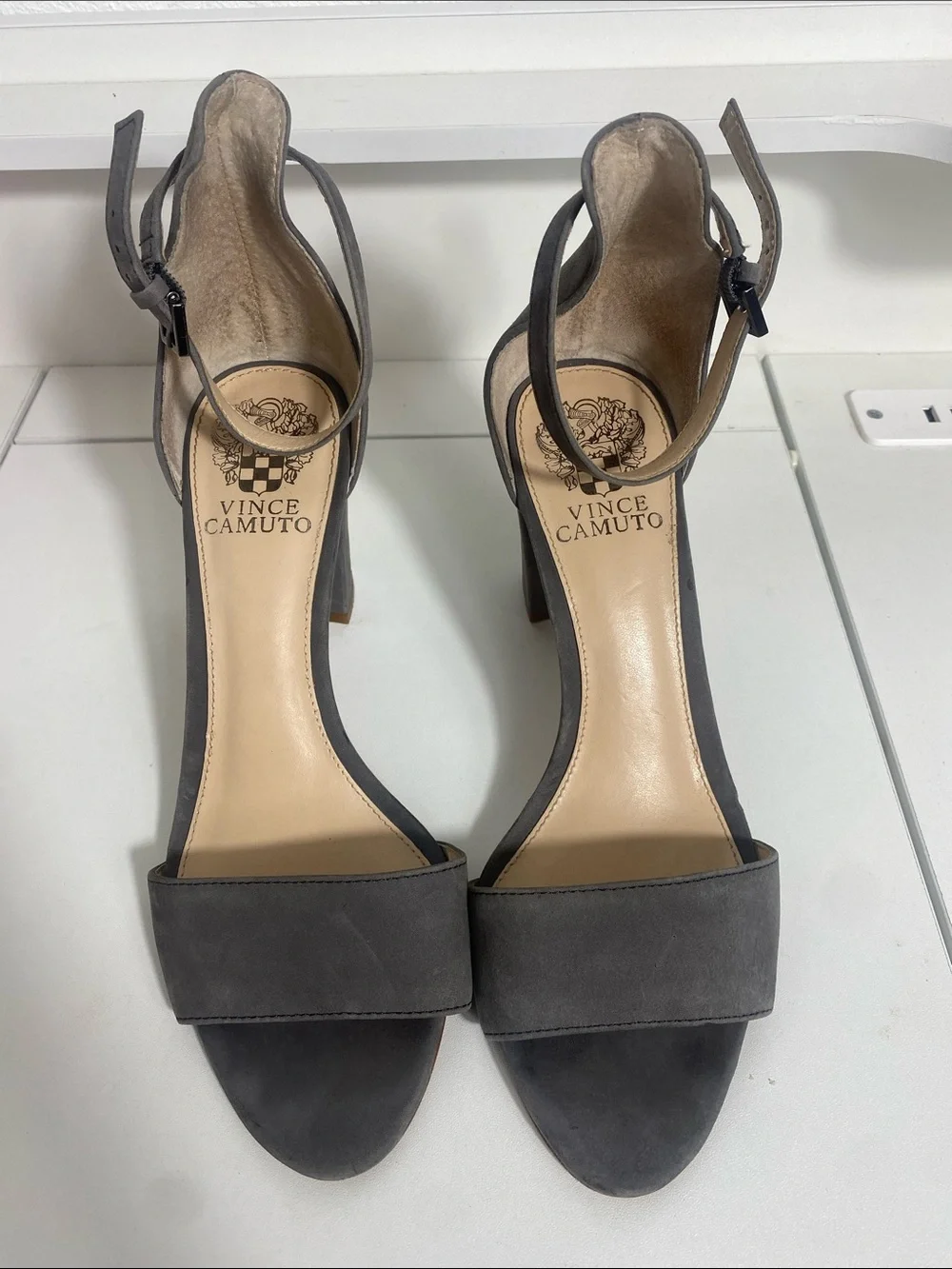Vince Camuto Charcoal Suede Ankle-Strap Block Heels Size 7.5 M
